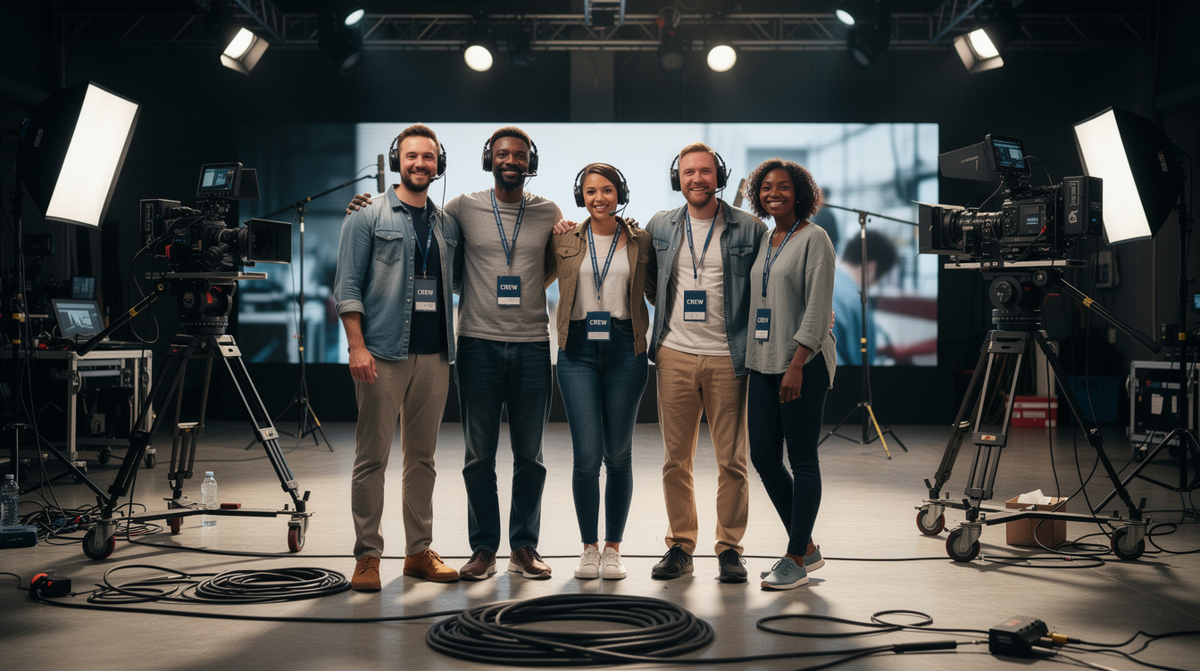 Diverse production crew standing together on a studio stage