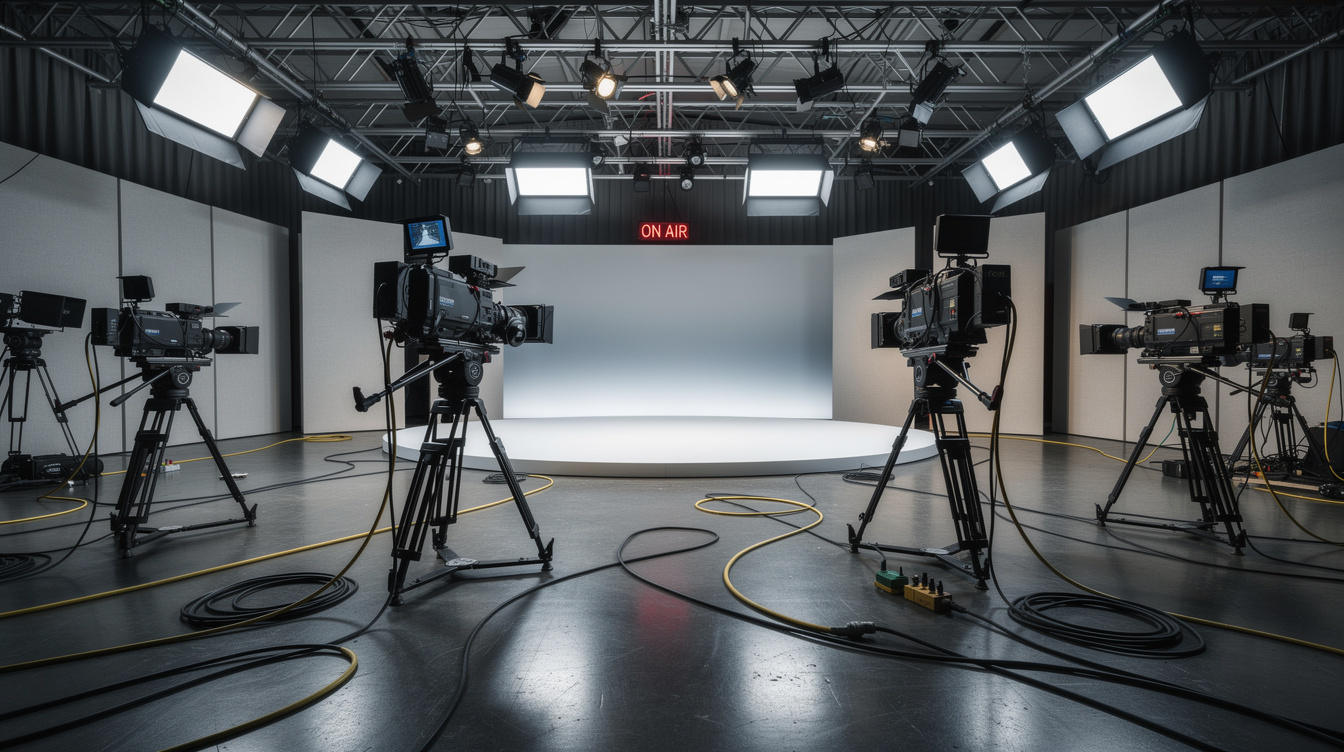 Television studio cameras positioned around a live stage set