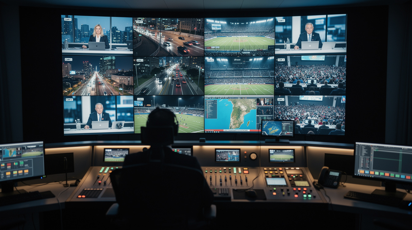 Broadcast director monitoring multiple video feeds on a wall of screens
