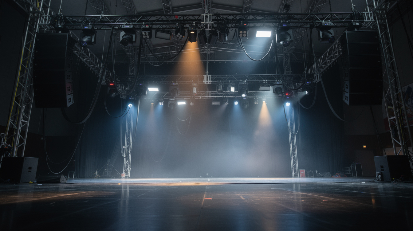 Stage lighting rig and speakers set up for a live studio show
