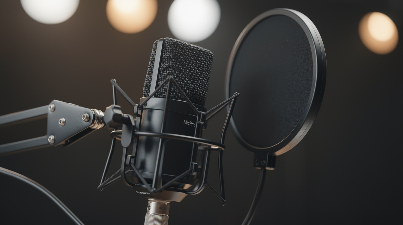 Close up of a studio condenser microphone with a pop filter