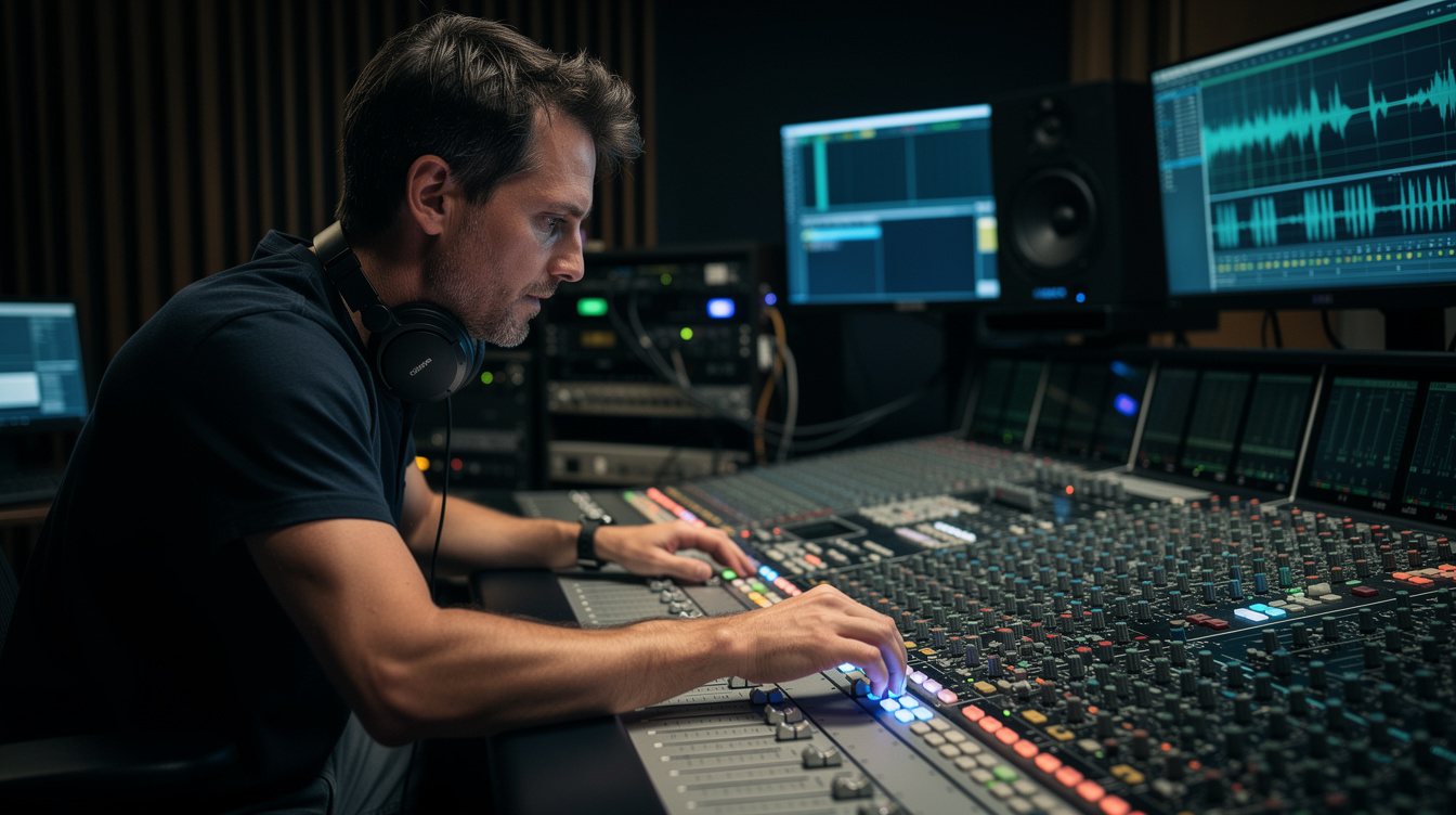 Sound engineer adjusting a live mixing console during a stage production
